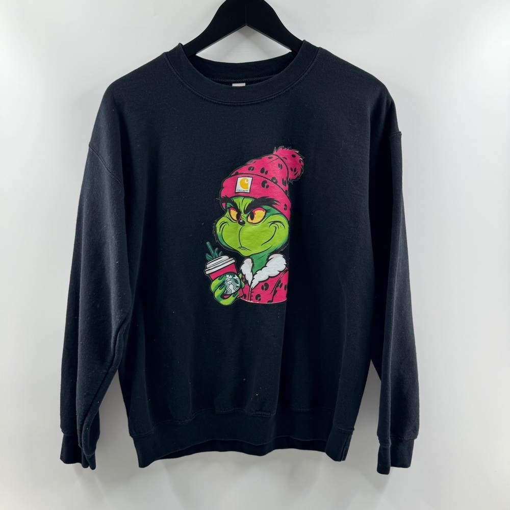 Gildan Grinch Christmas Graphic Crewneck Sweatshirt Black Holiday Pullover - Picture 1 of 6